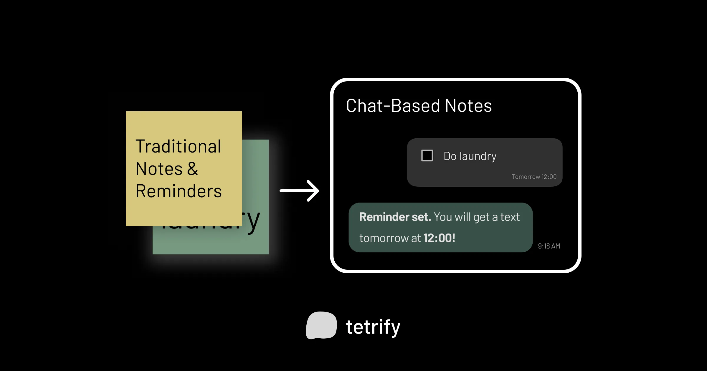 Showcase of a transition from a sticky note to a chat-based conversation that is being used for notes.